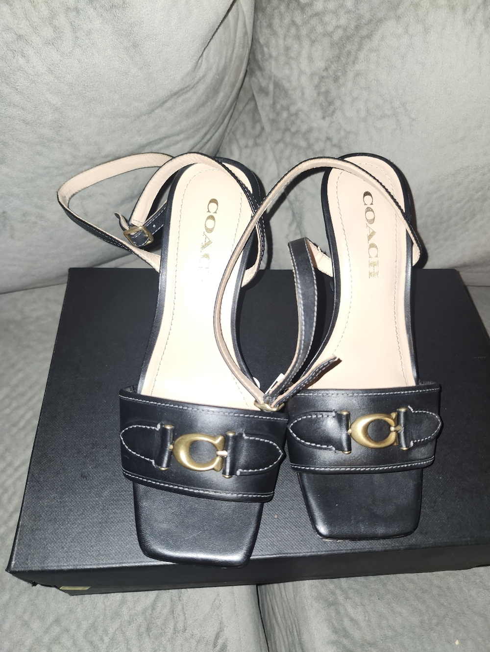 Coach Black Leather Ankle Strap Sandals with Gold Accent